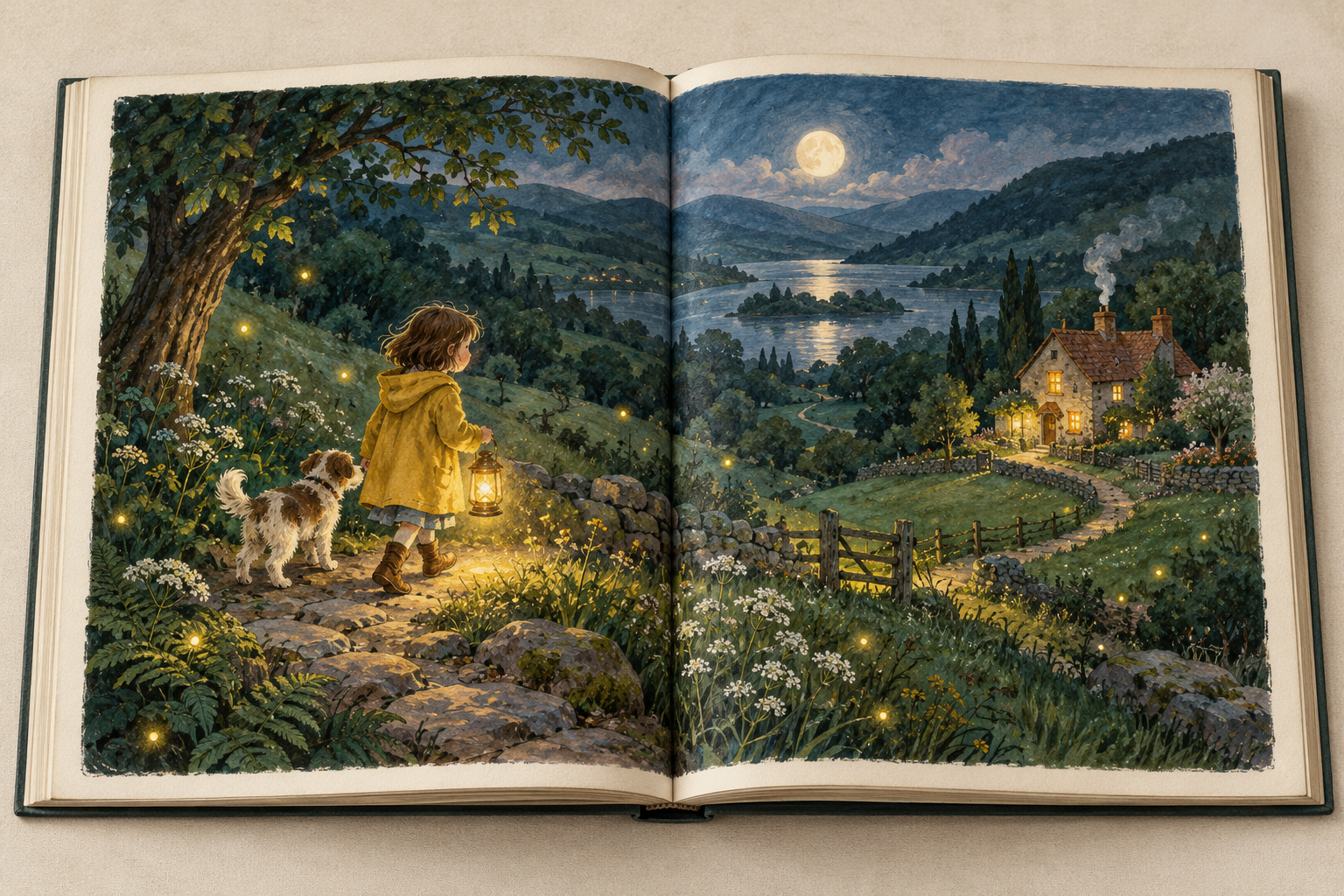 An open picture book shows a child carrying a lantern along a moonlit path to a cottage.